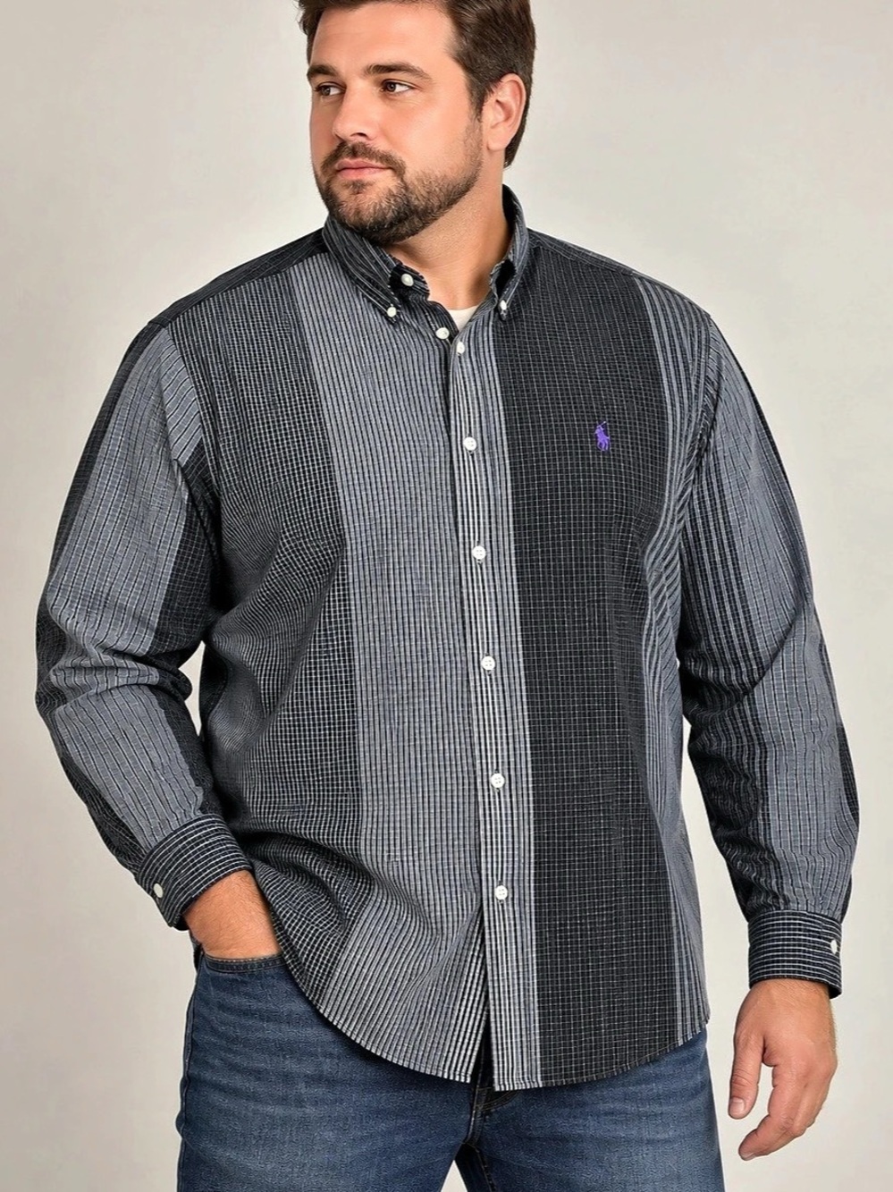 Ralph Lauren Mens XL 17.5 Classic Fit Black Gray Plaid Button Down Shirt VTG